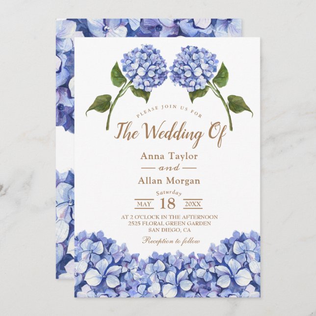 Elegant Blue Hydrangea Floral  Invitation (Front/Back)
