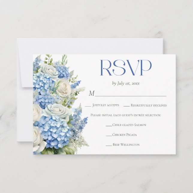 Elegant Blue Hydrangea Floral Meal Choice Wedding RSVP Card (Front)