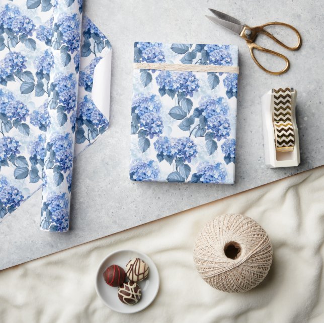 Elegant Blue Hydrangea Floral Pattern Wrapping Paper (Crafts)
