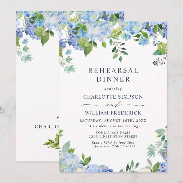 Elegant Blue Hydrangea Floral REHEARSAL DINNER Invitation (Front/Back)