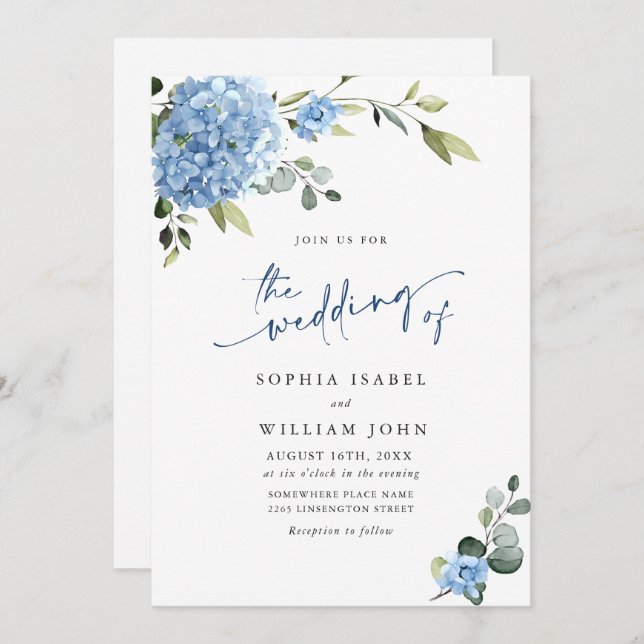 Elegant Blue Hydrangea Floral Wedding All In One Invitation (Front/Back)