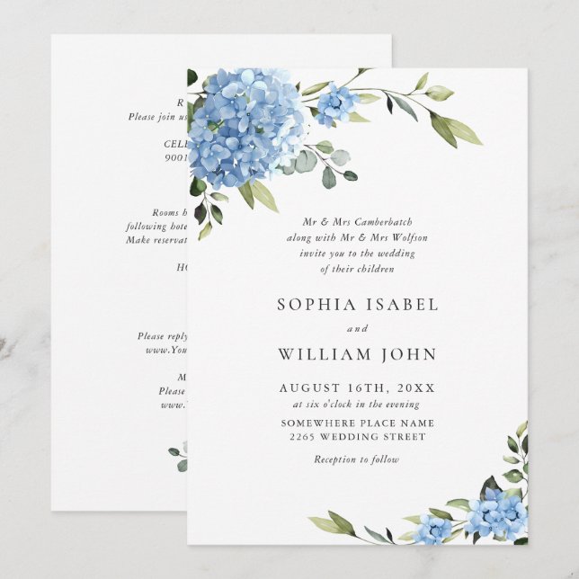Elegant Blue Hydrangea Floral Wedding All In One Invitation (Front/Back)