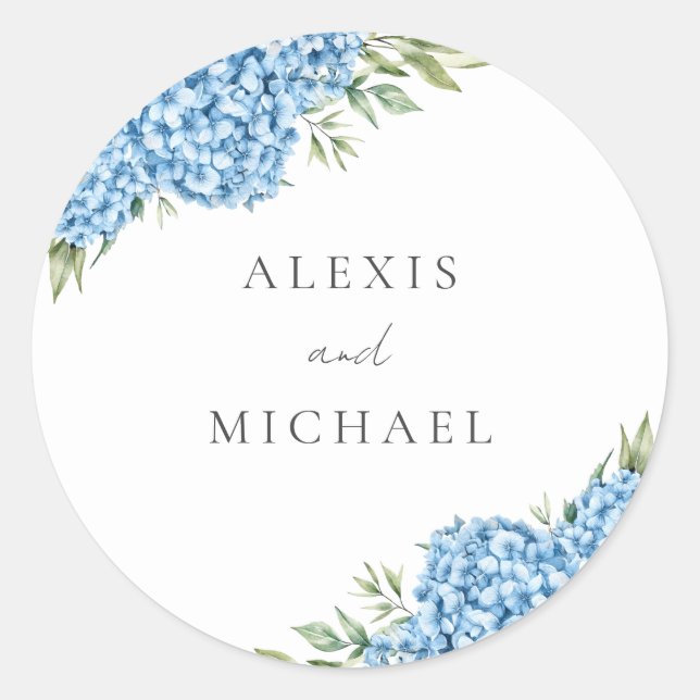 Elegant Blue Hydrangea Floral Wedding Classic Round Sticker (Front)