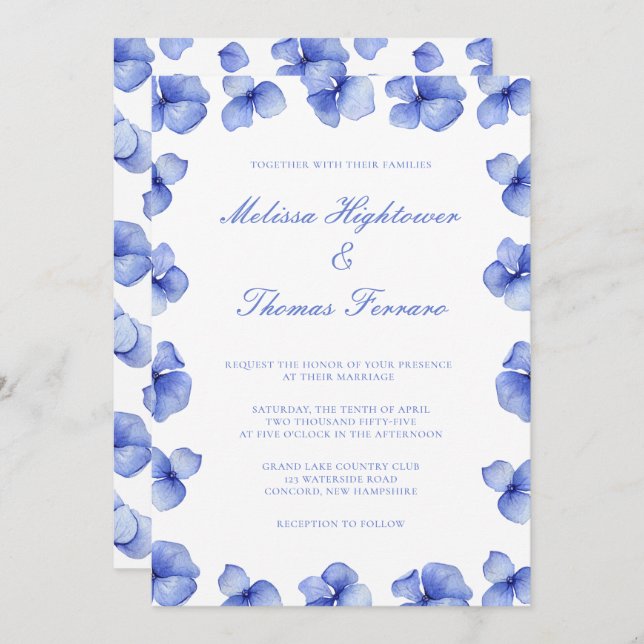 Elegant Blue Hydrangea Floral Wedding Invitation (Front/Back)