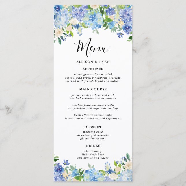 Elegant Blue Hydrangea Floral Wedding Menus (Front)