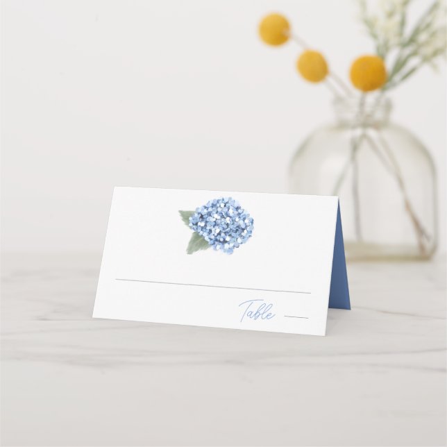 Elegant Blue Hydrangea Floral Wedding Place Card (Front)