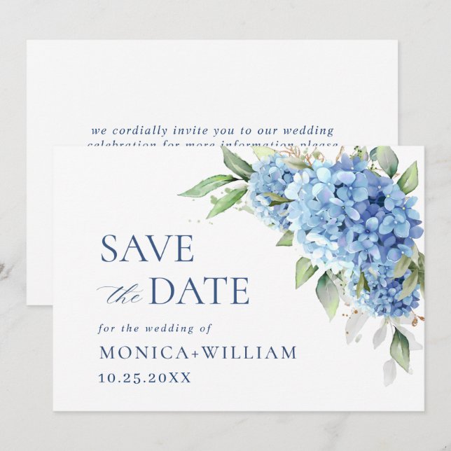 Elegant Blue Hydrangea Floral Wedding Save The Date (Front/Back)