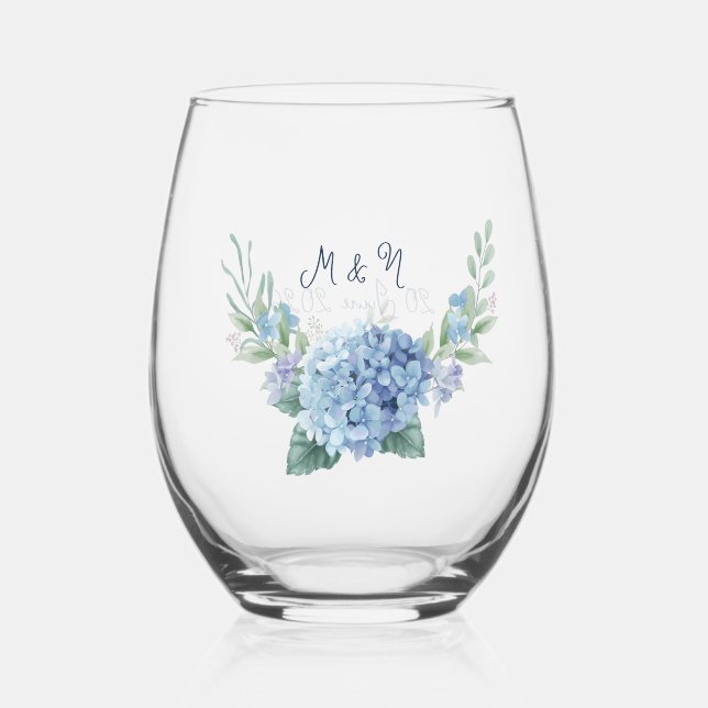 Elegant Blue Hydrangea Floral Wedding  Stemless Wine Glass (Front)