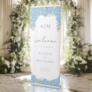 Elegant Blue Hydrangea Floral Wedding Welcome Retractable Banner