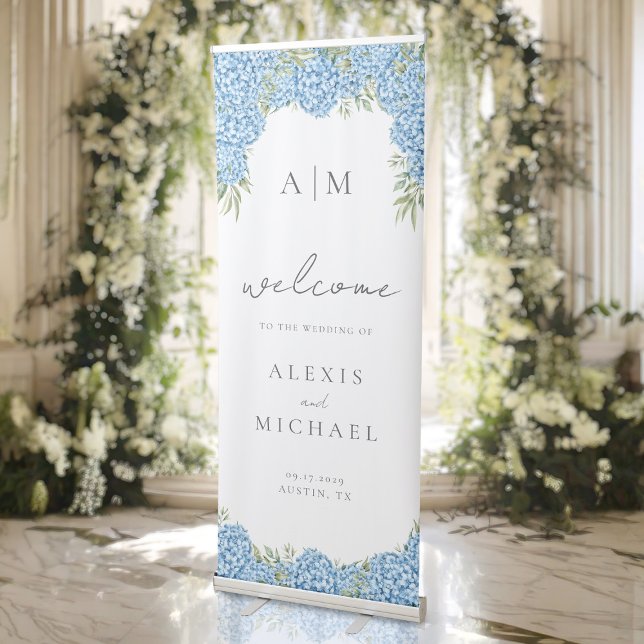 Elegant Blue Hydrangea Floral Wedding Welcome Retractable Banner (Creator Uploaded)
