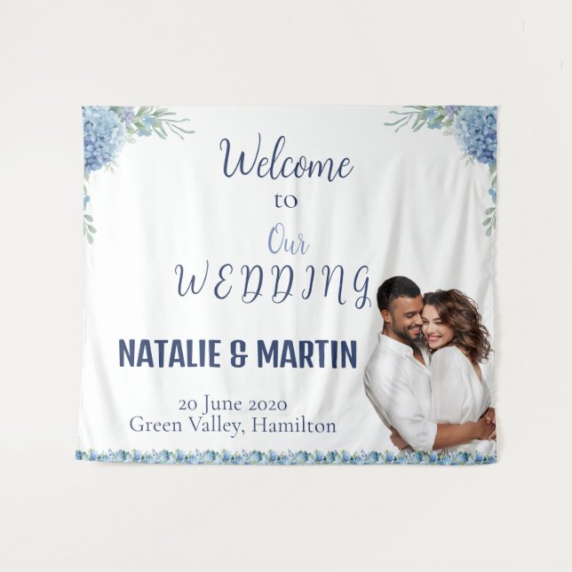 Elegant Blue Hydrangea Floral Wedding Welcome Tapestry (Front (Horizontal))