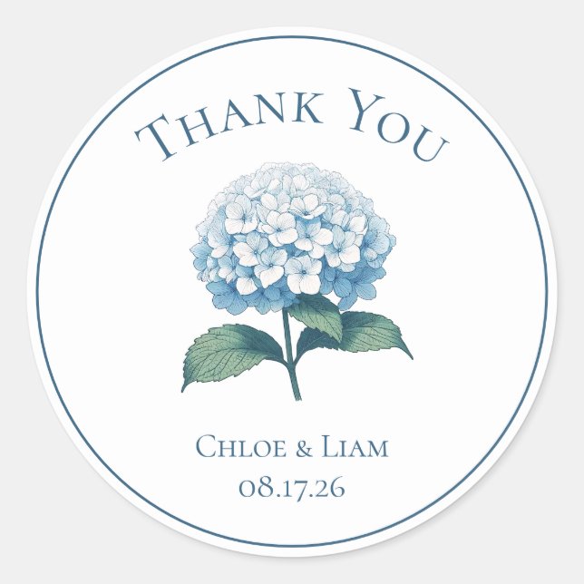 Elegant Blue Hydrangea Flower Wedding Thank You Classic Round Sticker (Front)
