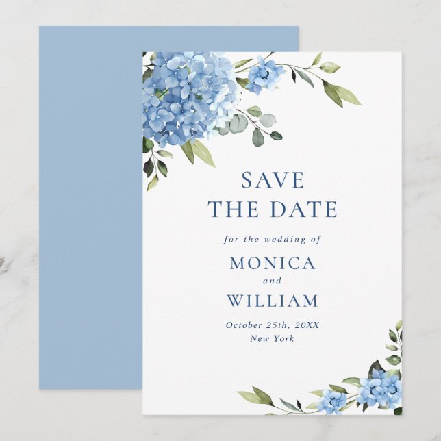 Elegant Blue Hydrangea Flowers Spring Wedding Save The Date (Front/Back)