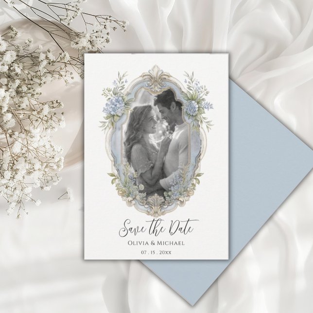 Elegant Blue Hydrangea Frame Photo Save the Date (Creator Uploaded)