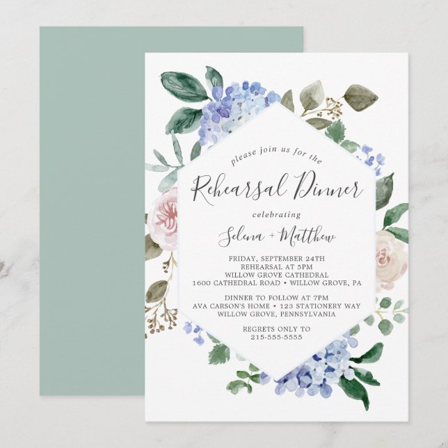 Elegant Blue Hydrangea Geometric Rehearsal Dinner Invitation (Front/Back)