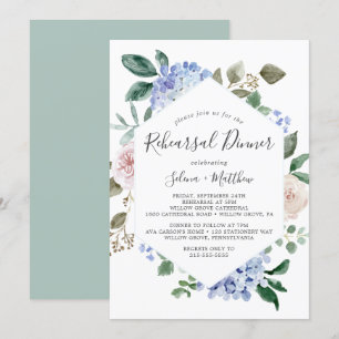 Elegant Blue Hydrangea Geometric Rehearsal Dinner Invitation