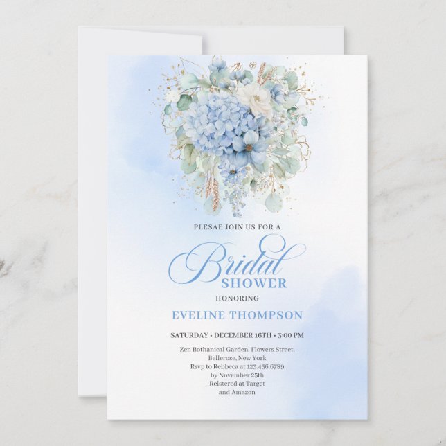 Elegant Blue Hydrangea Gold Bridal Shower Invite (Front)