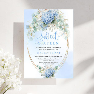 Elegant Blue Hydrangea Gold Script 16th Birthday Invitation