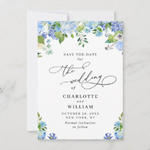 Elegant Blue Hydrangea Greenery Photo Wedding QR Save The Date