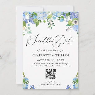 Elegant Blue Hydrangea Greenery Photo Wedding QR Save The Date
