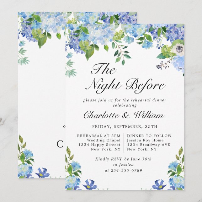 Elegant Blue Hydrangea Greenery Rehearsal Dinner Invitation (Front/Back)