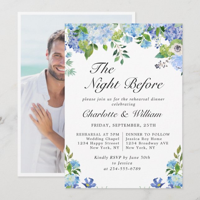 Elegant Blue Hydrangea Greenery Rehearsal Dinner Invitation (Front/Back)