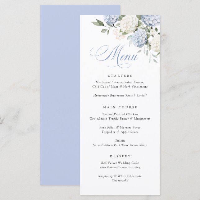 Elegant Blue Hydrangea Greenery Wedding Menu (Front/Back)