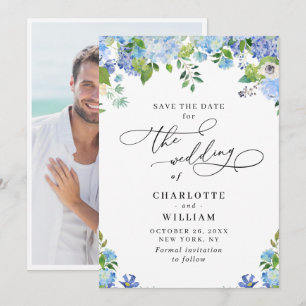 Elegant Blue Hydrangea Greenery Wedding Photo Save The Date