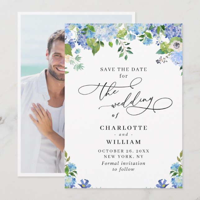 Elegant Blue Hydrangea Greenery Wedding Photo Save The Date (Front/Back)