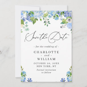 Elegant Blue Hydrangea Greenery Wedding QR Save The Date