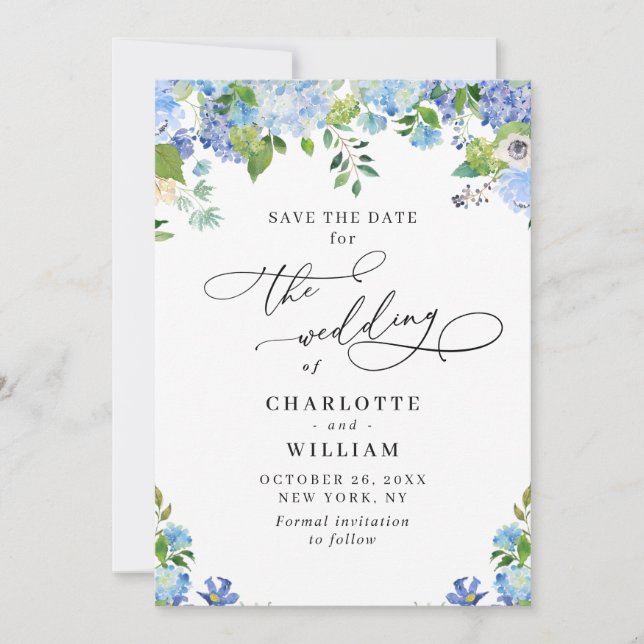 Elegant Blue Hydrangea Greenery Wedding QR Save The Date (Front)