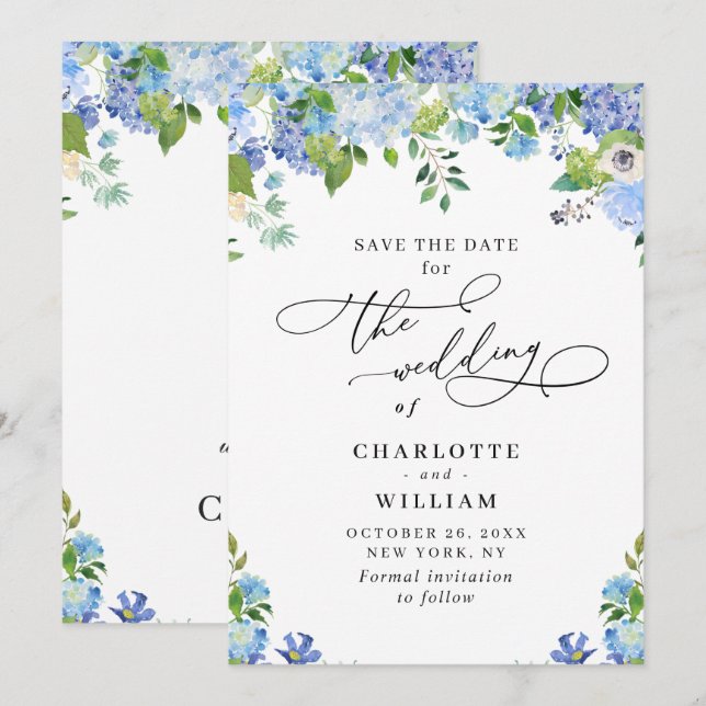 Elegant Blue Hydrangea Greenery Wedding Save The Date (Front/Back)