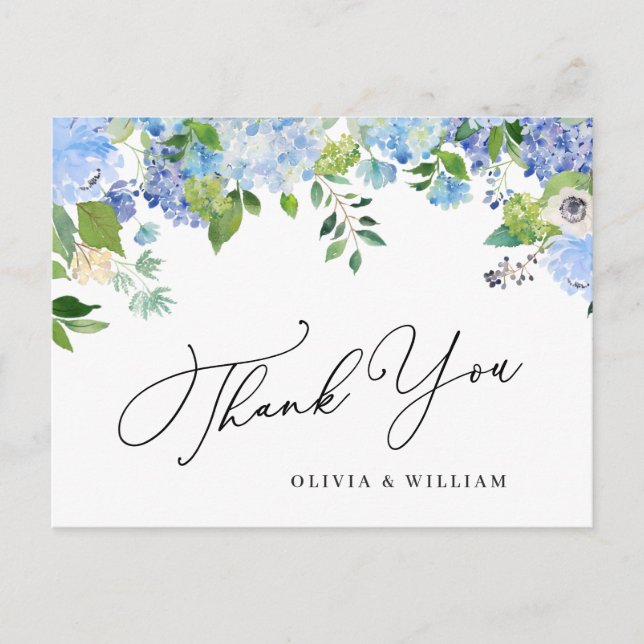 Elegant Blue Hydrangea Greenery Wedding Thank You Postcard (Front)