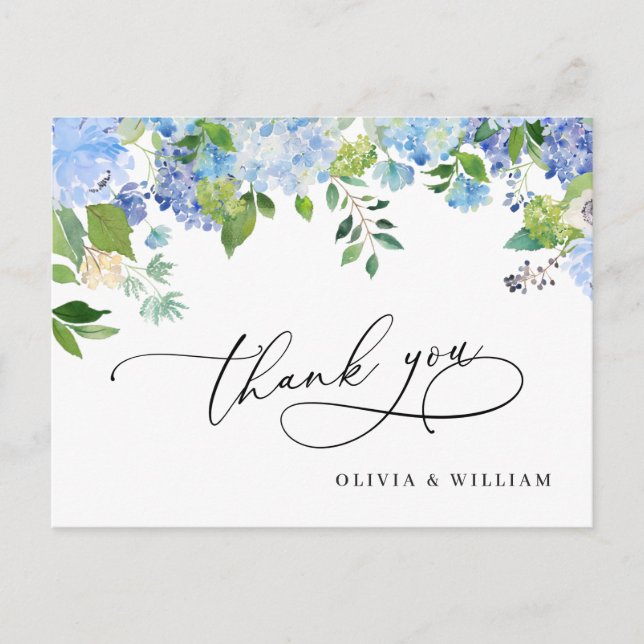 Elegant Blue Hydrangea Greenery Wedding Thank You Postcard (Front)