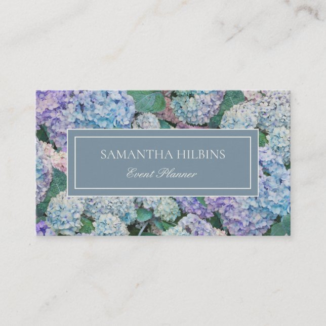 Elegant Blue Hydrangea Grey Professional Business Card (Front)