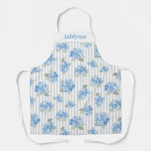 Elegant Blue Hydrangea Grey Stripe Name Apron