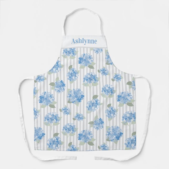 Elegant Blue Hydrangea Grey Stripe Name Apron (Front)