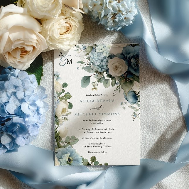 Elegant Blue Hydrangea Ivory Rose Floral Wedding Invitation (Elegant Blue Hydrangea Ivory Rose Floral Wedding Invitation)