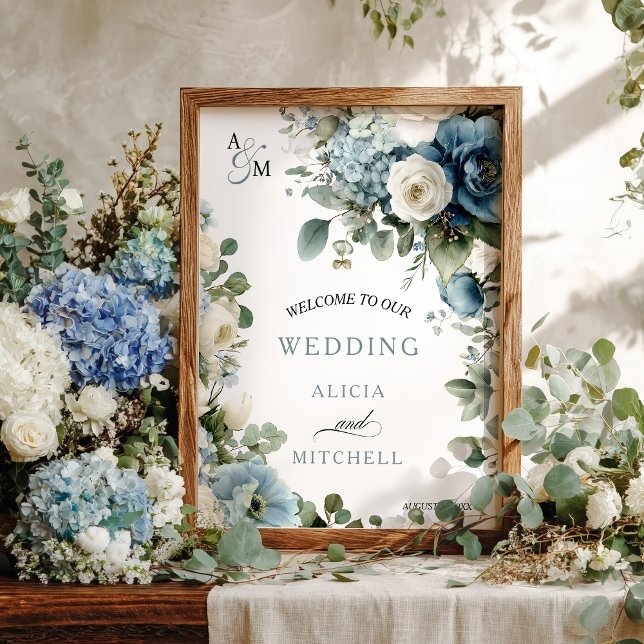 Elegant Blue Hydrangea Ivory Rose Floral Wedding Poster (Elegant Blue Hydrangea Ivory Rose Floral Wedding Poster)