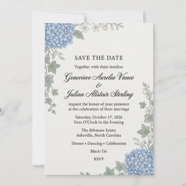 Elegant Blue Hydrangea & Ivy Botanical Save  Invitation (Front)