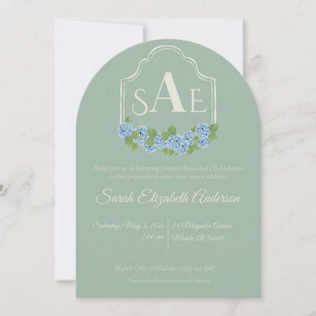 Elegant Blue Hydrangea Monogram Crest Baby Shower  Invitation (Front)