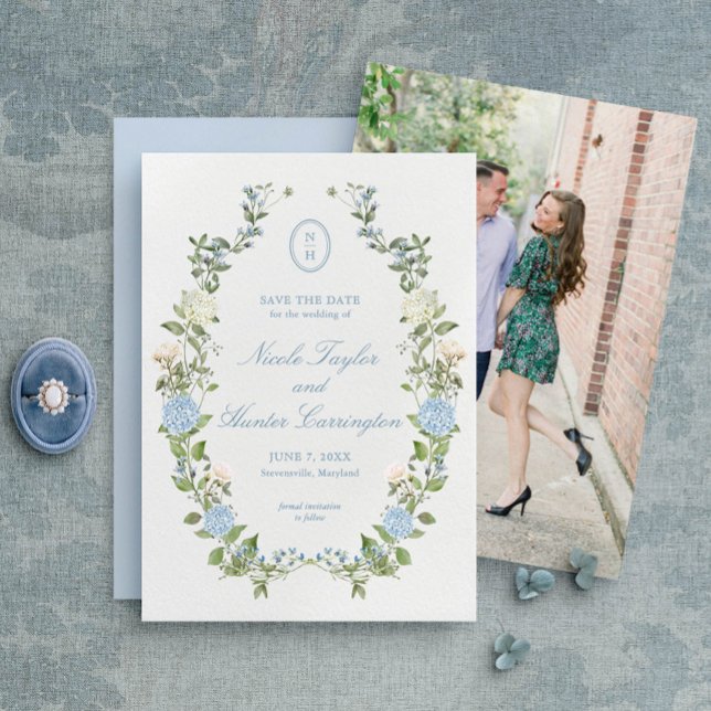 Elegant Blue Hydrangea Monogram Save the Date Invitation (Creator Uploaded)