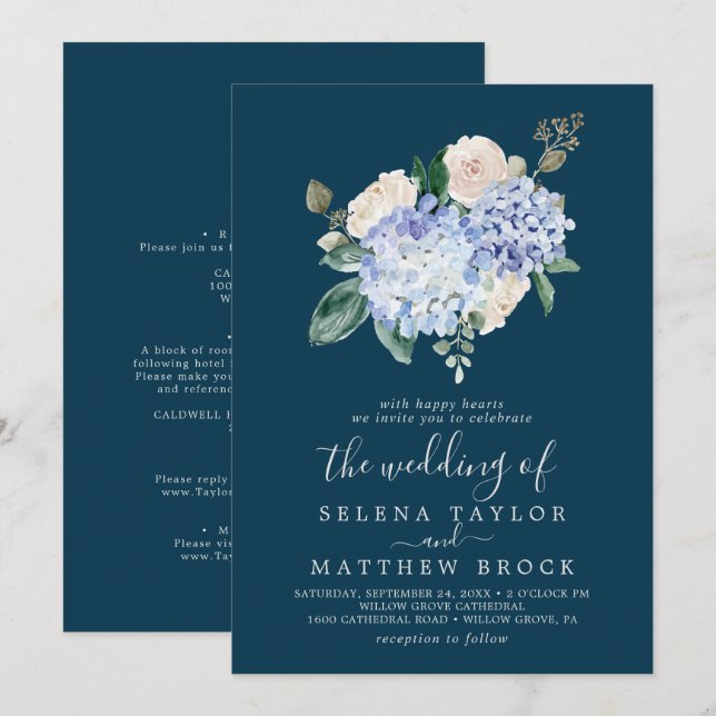Elegant Blue Hydrangea | Navy All In One Wedding Invitation (Front/Back)