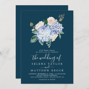 Elegant Blue Hydrangea   Navy All In One Wedding Invitation