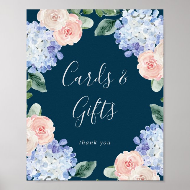 Elegant Blue Hydrangea Navy Cards and Gifts Sign (Front)
