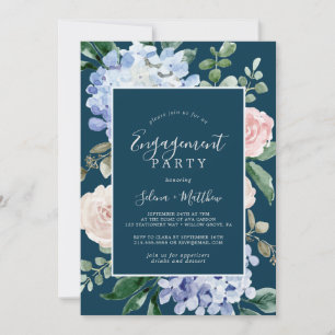 Elegant Blue Hydrangea   Navy Engagement Party Invitation