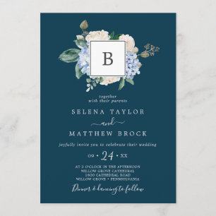 Elegant Blue Hydrangea Navy Monogram Wedding Invitation