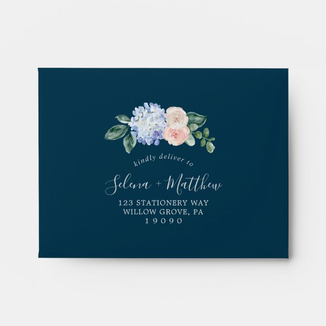 Elegant Blue Hydrangea Navy Self-Addressed RSVP Envelope (Front)