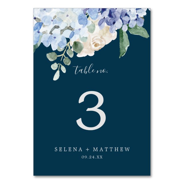 Elegant Blue Hydrangea | Navy Table Number (Front)