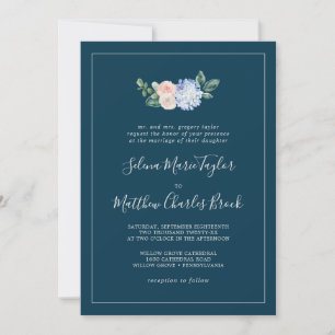 Elegant Blue Hydrangea Navy Traditional Wedding Invitation